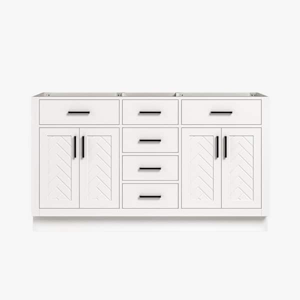 Herringbone 60 in. Double Sink Freestanding Bath Vanity Cabinet without Top in White