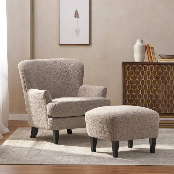 Noble House Willey Stone and Matte Black Boucle Club Chair and Ottoman Set