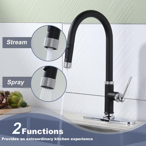 Brass 17 in. H Single Handle Pull Down Sprayer Kitchen Faucet with 2-Mode Spray, 360° Spout Swivel in Black and Chrome