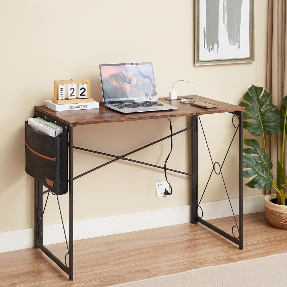 Folding Computer Writing Desk 39.3 in. Rectangular Brown Wood Desk with Storage Bag No Assembly Study Office Table