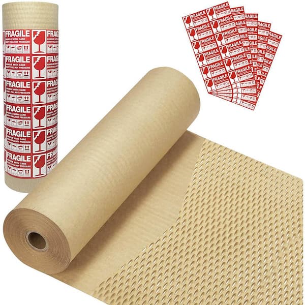 Unbranded 15x250' Honeycomb Packing Paper Wrap Eco-Friendly Substitute for Bubble Cushioning Wrap with 60 Fragile Stickers