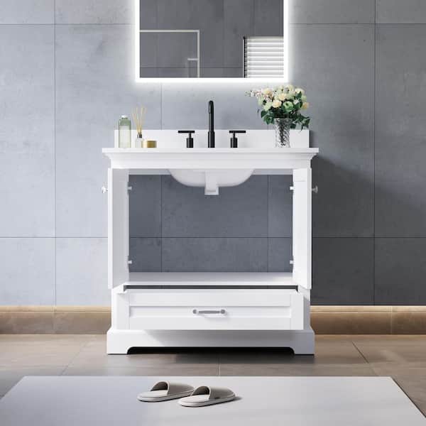 36 in. Solid Wood Single Sink Freestanding White Bath Vanity with Pure White Cultured Marble Top Assembled