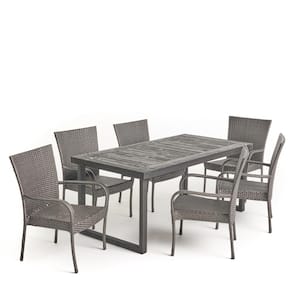 Mayhill Sandblast Dark Grey 7-Piece Wood and Grey Faux Rattan Outdoor Dining Set
