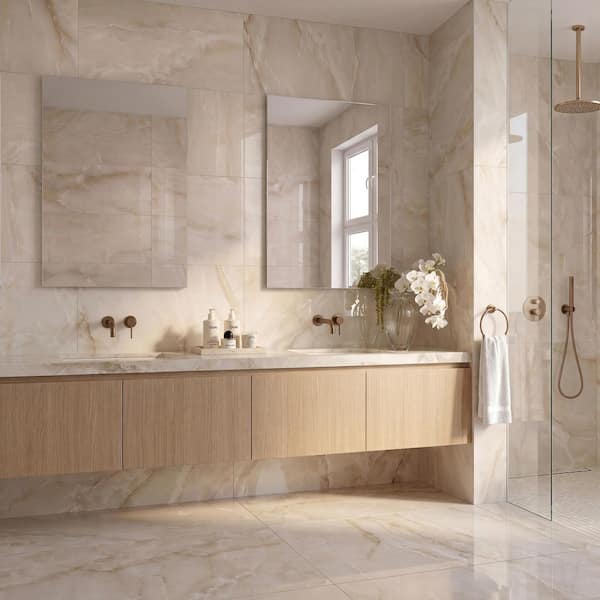 American Onyx Beige 24 in. x 48 in. Polished Marble Look Porcelain Large Format Floor and Wall Tile (16 sq. ft./Case)