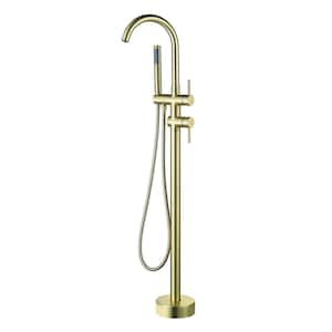 Qiu 2-Handle Freestanding Floor Mount Roman Tub Faucet Bathtub Filler with Hand Shower in Brushed Gold