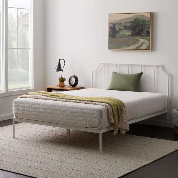 White-A Metal Frame King Platform Bed with Vertical Bar Headboard and Scooped Corners, Solid Steel Construction