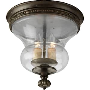 Fiorentino Collection 2-Light Forged Bronze Flush Mount with Clear Seeded Glass