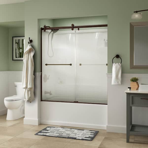 Simplicity 60 x 58-3/4 in. Frameless Contemporary Sliding Bathtub Door in Bronze with Droplet Glass Simplicity 60 x 58-3/4 in. Frameless Contemporary Sliding Bathtub Door in Bronze with Droplet Glass