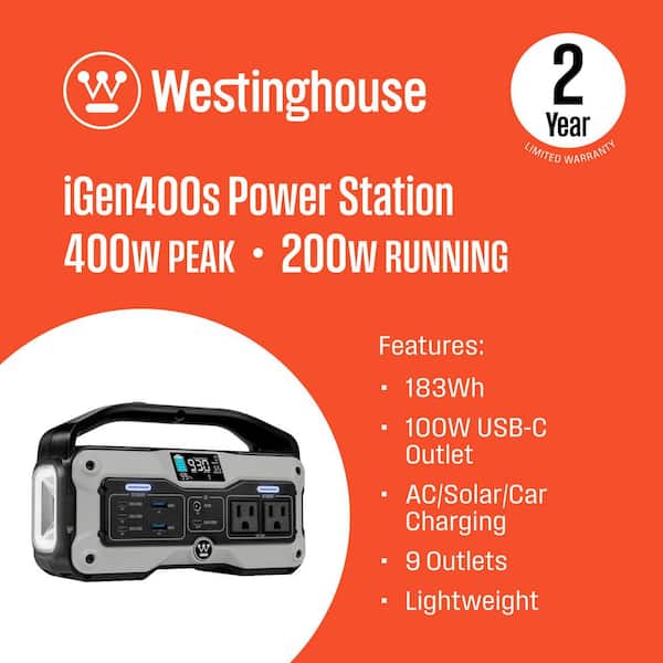 Westinghouse Portable Power Station 183Wh Lithium-Ion Battery, 400W with LED Display