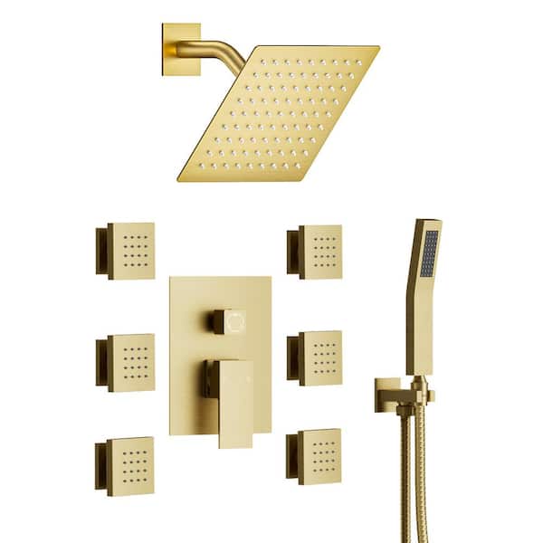 YAWWALK 10 in. 3-Spray Wall Mount Dual Shower Head and Handheld Shower with 6-Jets in Brushed Gold (Valve Included)