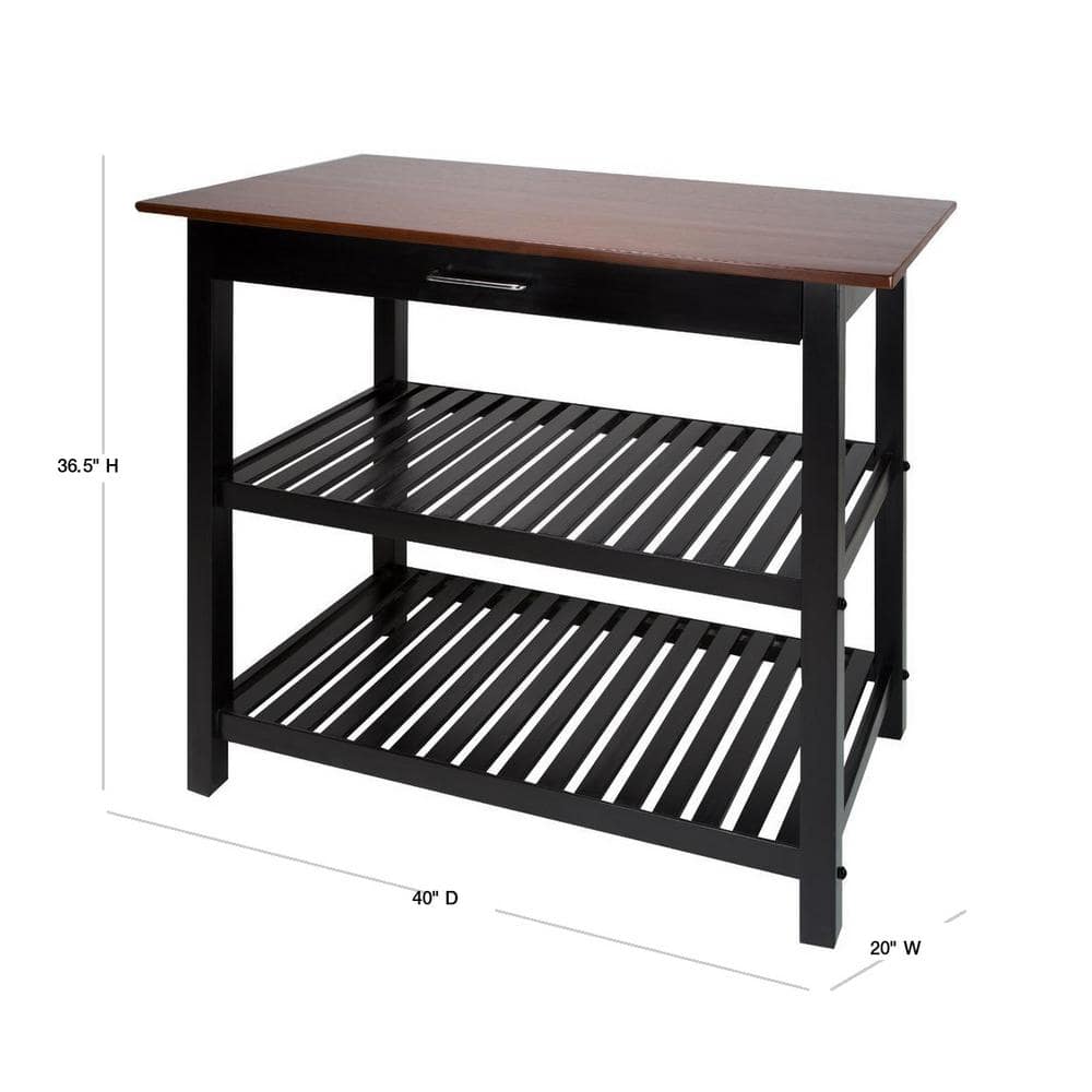 Walnut and Black Solid Wood Kitchen Island with Shelves