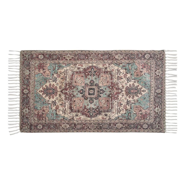 Chinille Fringe Machine Washable Red/Ivory 2 ft. x 4 ft. Floral Accent Rug