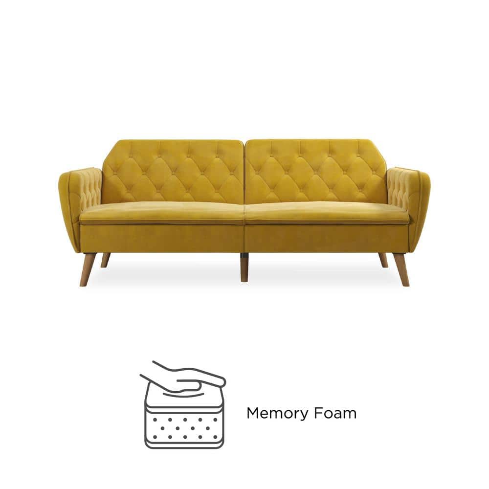 Mustard Faux Leather Tufted Twin Sleeper Sofa with Memory Foam