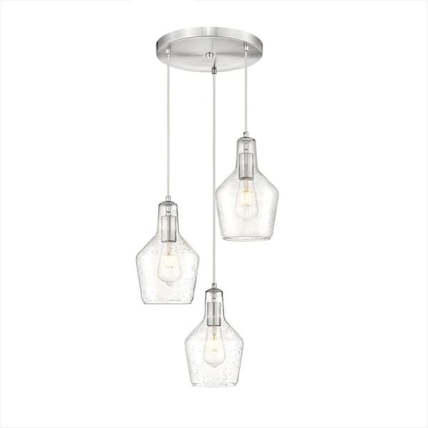 60-Watt 3-Light Brushed Nickel Mini Pendant Light with Clear Seeded Glass Shade and No Bulbs Included