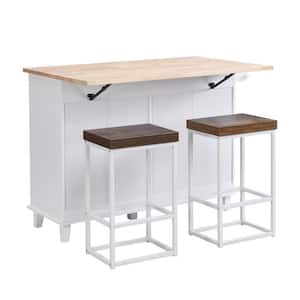 47.6 in. W 3-Piece Farmhouse White Wood Top Kitchen Island Set with 2 Stools Seats 2