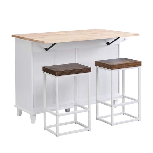 47.6 in. W 3-Piece Farmhouse White Wood Top Kitchen Island Set with 2 Stools Seats 2
