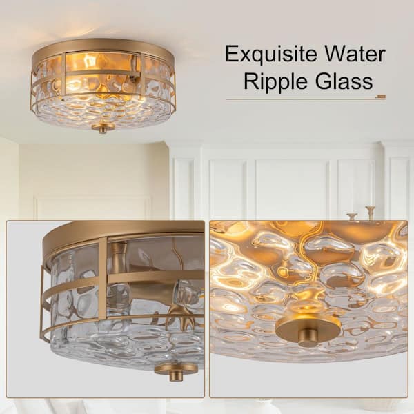 TinHon Modern Gold 3-Light Clear Ripple Glass Flush Mount Ceiling