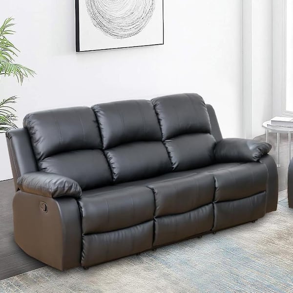 Star Home Living Nancy 82 in. Round Arm Faux Leather Rectangle Reclining Sofa in Black