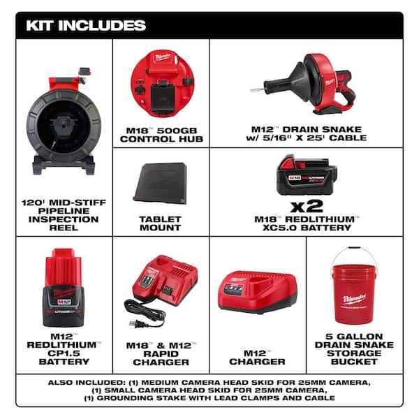 M18 18-Volt Lithium-Ion Cordless 120 ft. Mid-Stiff Modular Pipeline Sewer Camera System Kit & M12 Drain Snake Auger Kit