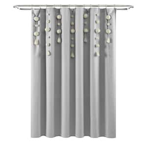72 in. x 72 in. Boho Pom Pom Tassel Linen Shower Curtain Light Gray Single