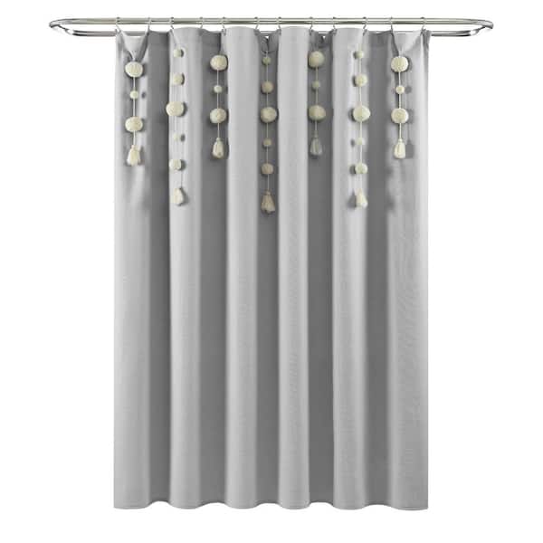 Lush Decor 72 in. x 72 in. Boho Pom Pom Tassel Linen Shower Curtain Light Gray Single