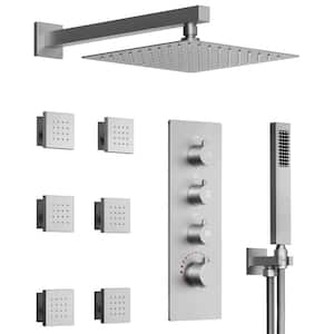 Thermostatic Shower 7-Spray Wall Mount 12 in. Fixed and Handheld Shower Head 2.5 GPM in Brushed Nickel Valve Included
