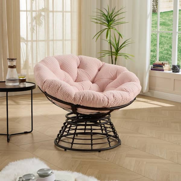 Pink 360° Swivel Ergonomic Wicker Lounge Chair with Soft Thick Cushion and Brown Frame for Outdoor