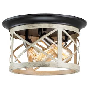 14 in. 3-Light Oil-Rubbed Bronze and Off-White Woodgrain Flush Mount with Satin Nickel Accent