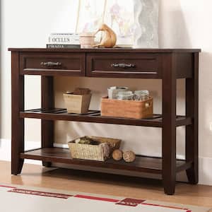 Retro and Modern Design 42 in. Espresso Rectangle Solid Wood Console Table Sofa Table with 2 Drawers and 2 Open Shelves