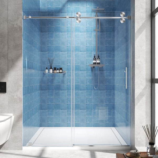 56 in. to 60 in. W x 76 in. H Sliding Frameless Shower Door in Chrome with 5/16 in. (8 mm) Tempered Glass