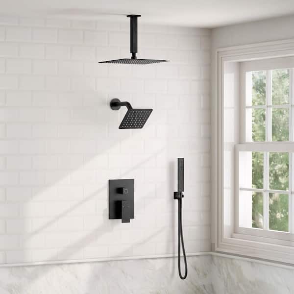 3-Spray 10 and 6 in. 3 in 1 Dual Fixed and Handheld Shower Head Ceiling Mount 2.5 GPM in Matte Black Valve Included