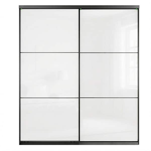 60 in. x 96 in. 3-Lite White Painted Tempered Glass Interior Closet Sliding Doors with Black Aluminum Frame Hardware Kit