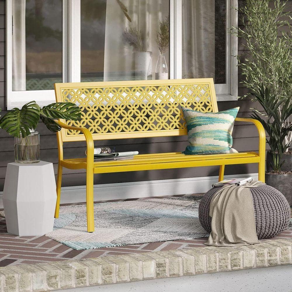 MEOOEM 49.5 in. Outdoor Bench with Back & Armrest, All Weather Metal ...