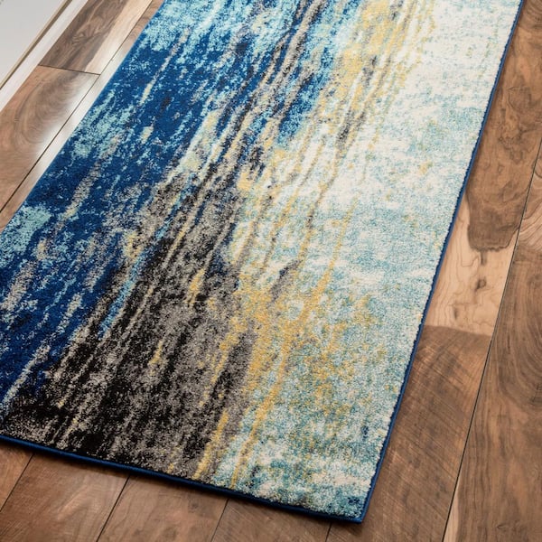 Katharina Modern Abstract Blue 3 ft. x 8 ft. Runner Rug