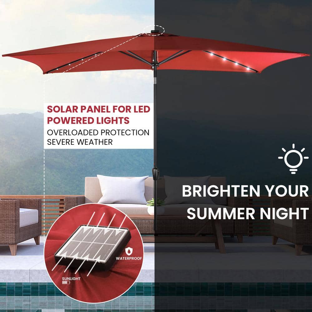 Burgundy Rectangular Solar LED Patio Umbrella with Steel Frame