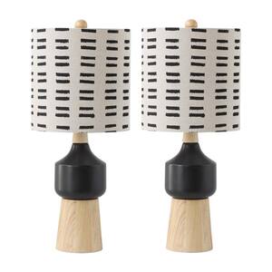 26 in. Wood and Black Ceramic Table Lamp with Multicolored Linen Shade (Set of 2 Lamps)