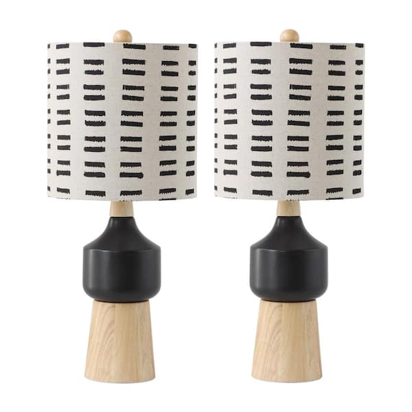 Storied Home 26 in. Wood and Black Ceramic Table Lamp with Multicolored Linen Shade (Set of 2 Lamps)
