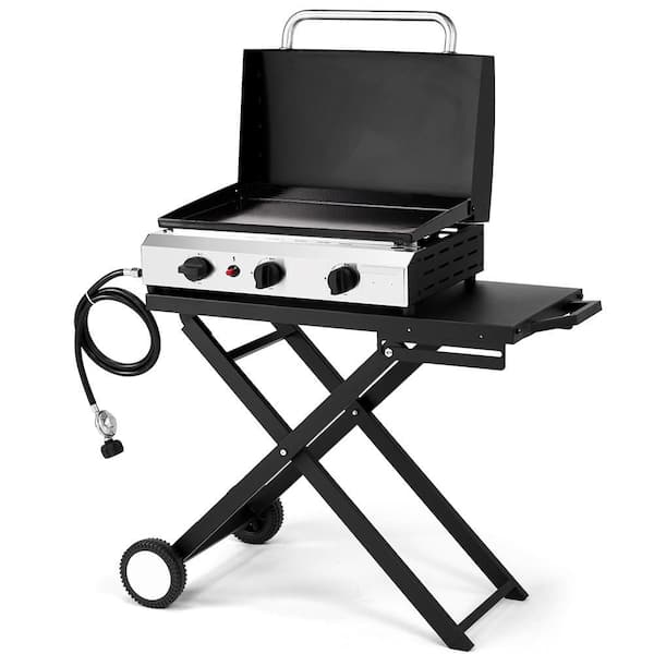 3 Burner Foldable Portable Propane Grill in Black Flat Top Gas Grill with Wheels and Lid for Outdoor Cooking Camping