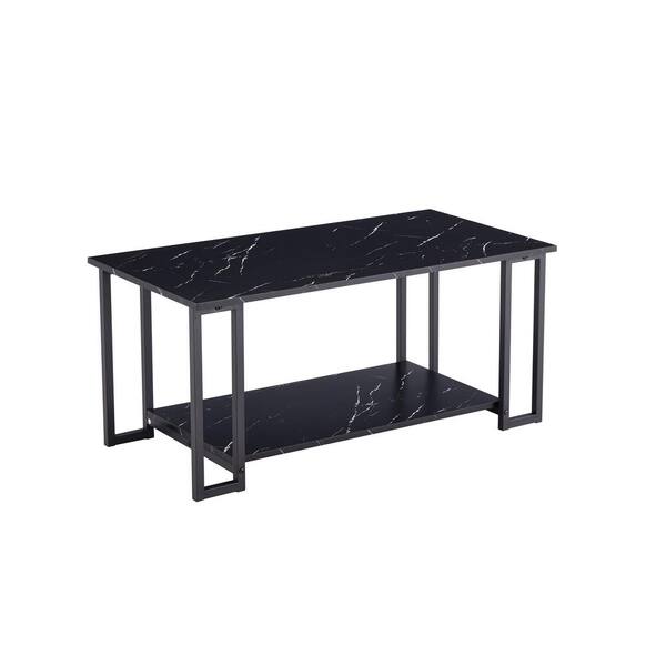ANBAZAR 2 Layers Coffee Table with Thick Marble MDF Tabletop, Iron Coffee Table for Living Room, Black