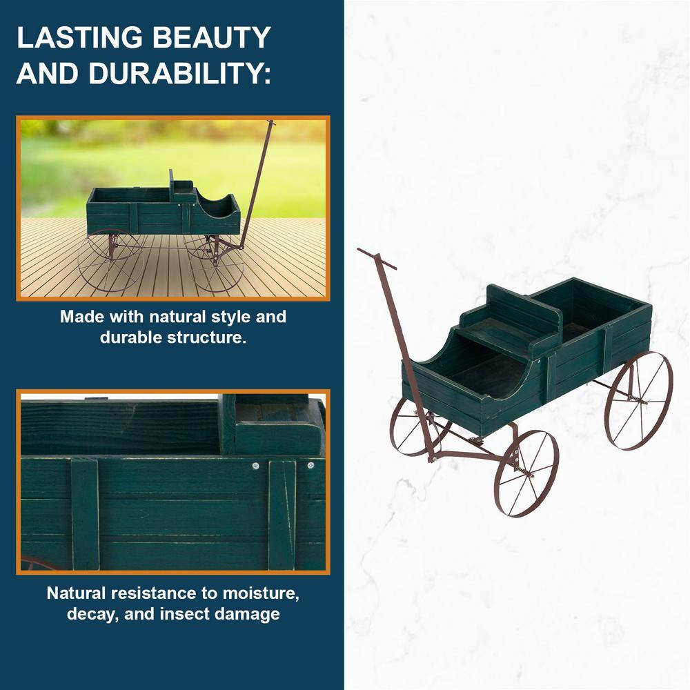Green Cedar Wood Decorative Wagon Planter for Outdoor Plants