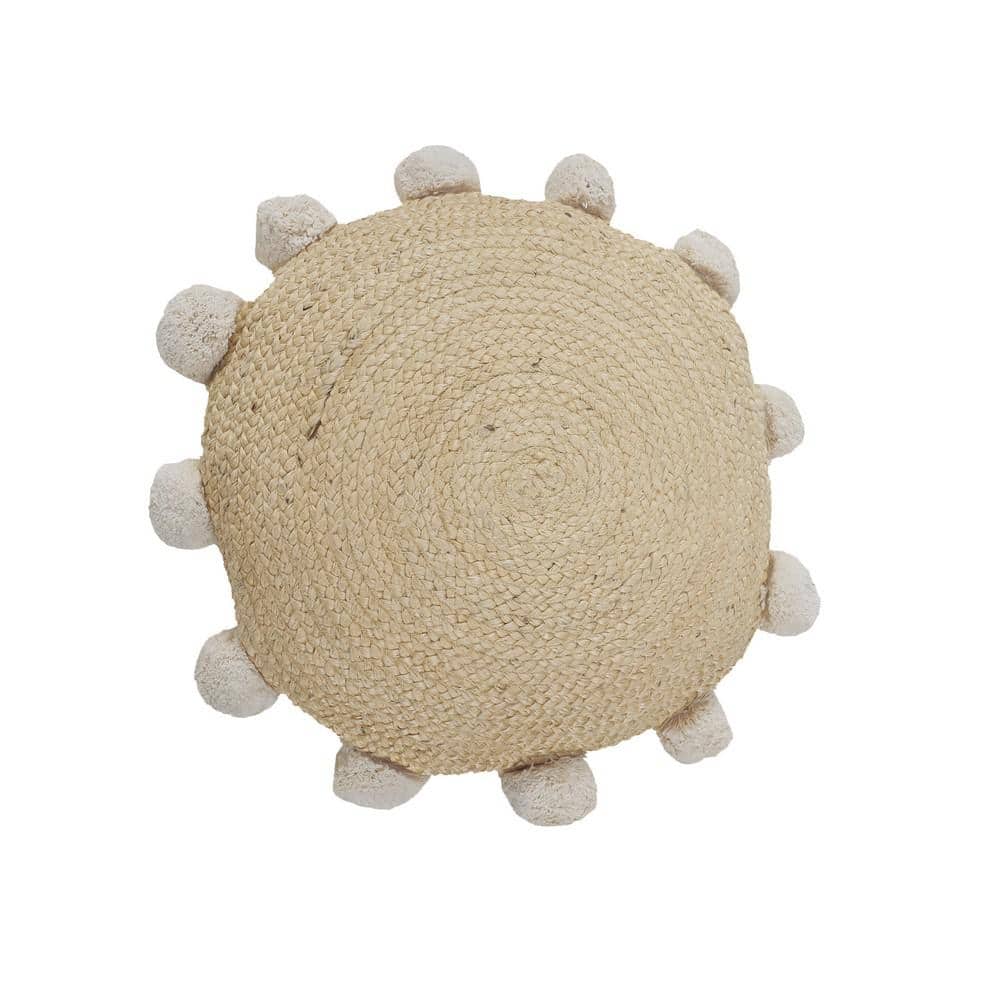 Round Natural Jute Throw Pillow with Pom Pom Border