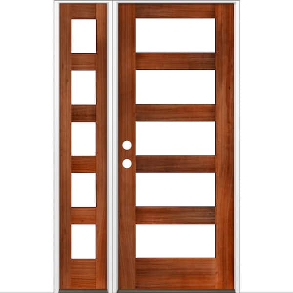 Krosswood Doors 46 in. x 80 in. Modern Hemlock Right-Hand/Inswing 5-Lite Clear Glass Red Chestnut Stain Wood Prehung Front Door