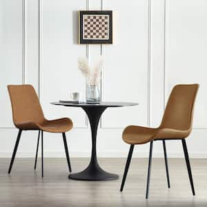 Brown Faux Leather Dining Chairs Modern Leisure Upholstered Kitchen Chair with Metal Legs (Set of 2)