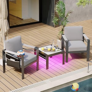 3-Piece Aluminum Chat Set with Cushions and LED Side Table　