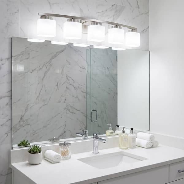 41 in. 5-Light Nickel Rectangular Vanity Light for Bathroom Mirror Bedroom Wall, Modern Fixture with White Glass Shades