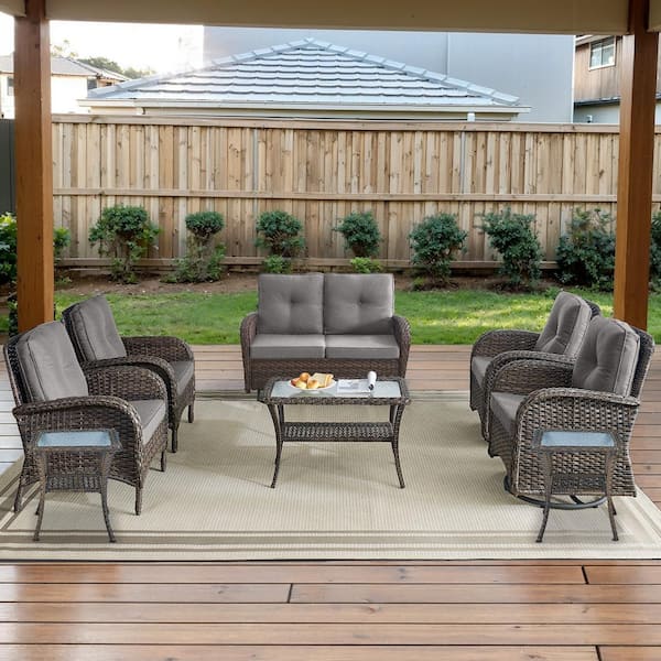 Brown 8-Piece Wicker Patio Conversation Set with Swivel Rockers, Outdoor Glider Seating Set with Gray Cushions