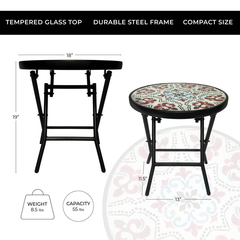 18" Black Steel Foldable Table with Mosaic Glass Top