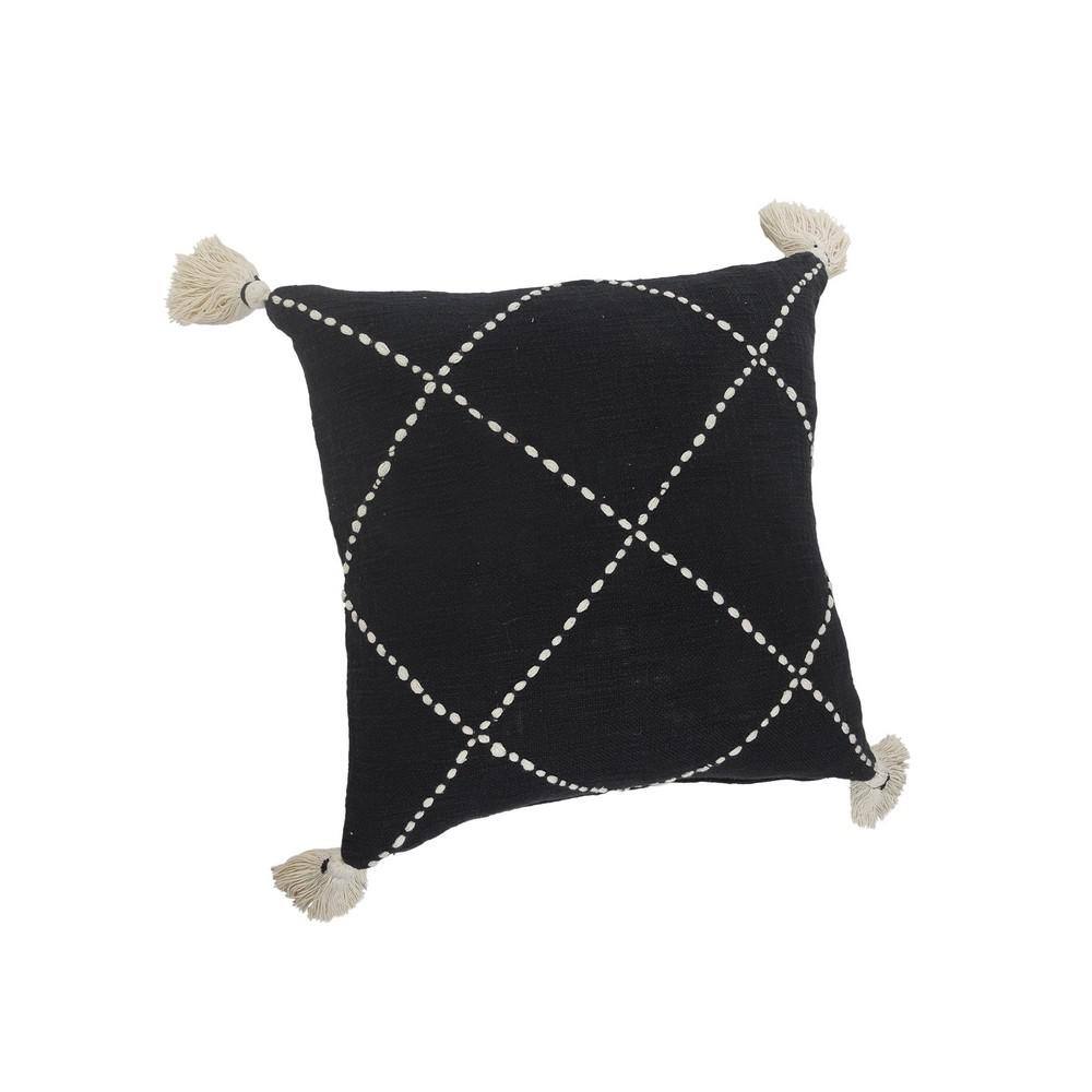 Geometric Black and White Embroidered Tassel Throw Pillow 20x20