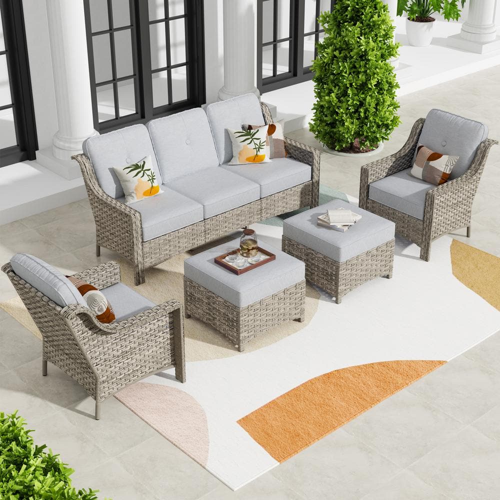 Toject Eureka Grey 5-Piece Wicker Modern Outdoor Patio Conversation ...