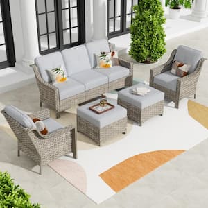 Eureka Grey 5-Piece Wicker Modern Outdoor Patio Conversation Sofa Seating Set with Light Grey Cushions